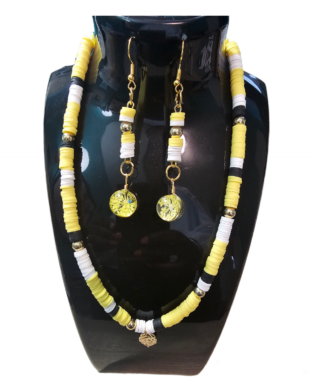 Parrure collier et boucle d'oreille heishi jaune